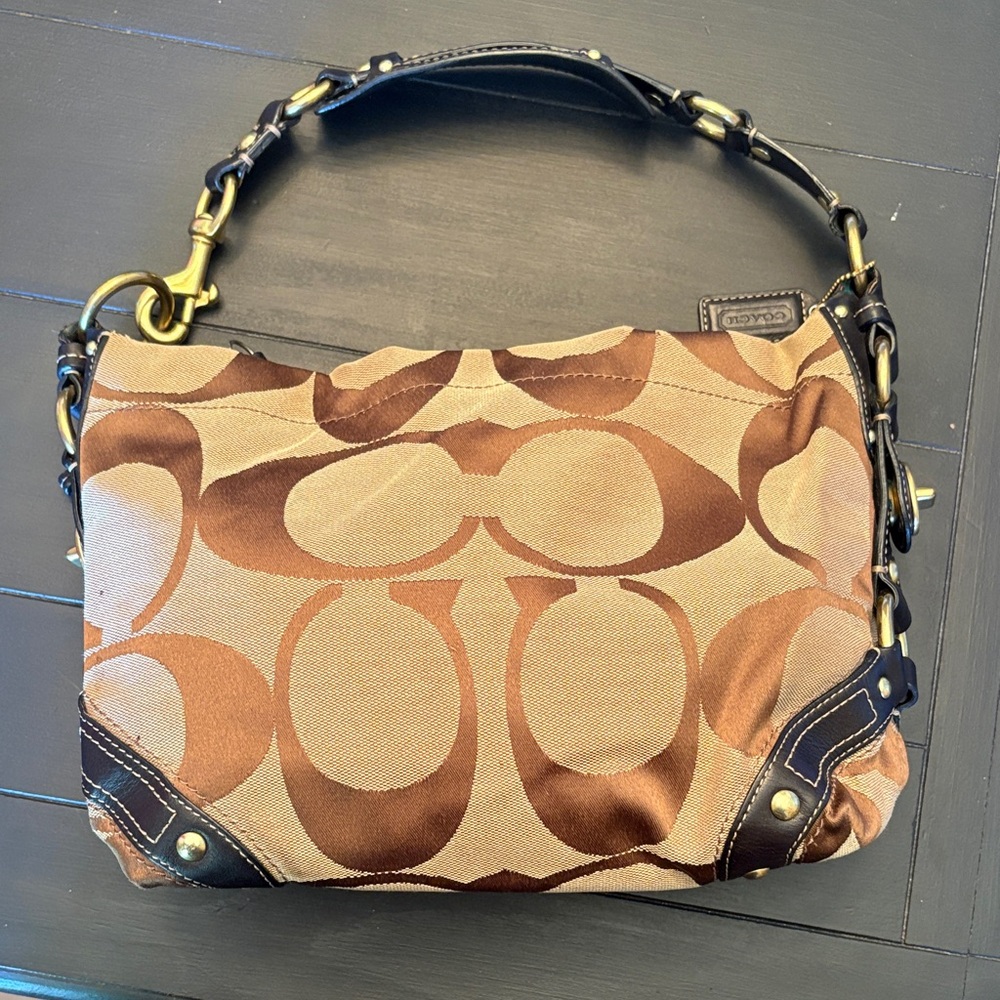 Coach Brown Signature Canvas Shoulder Bag with Dark Leather Trim